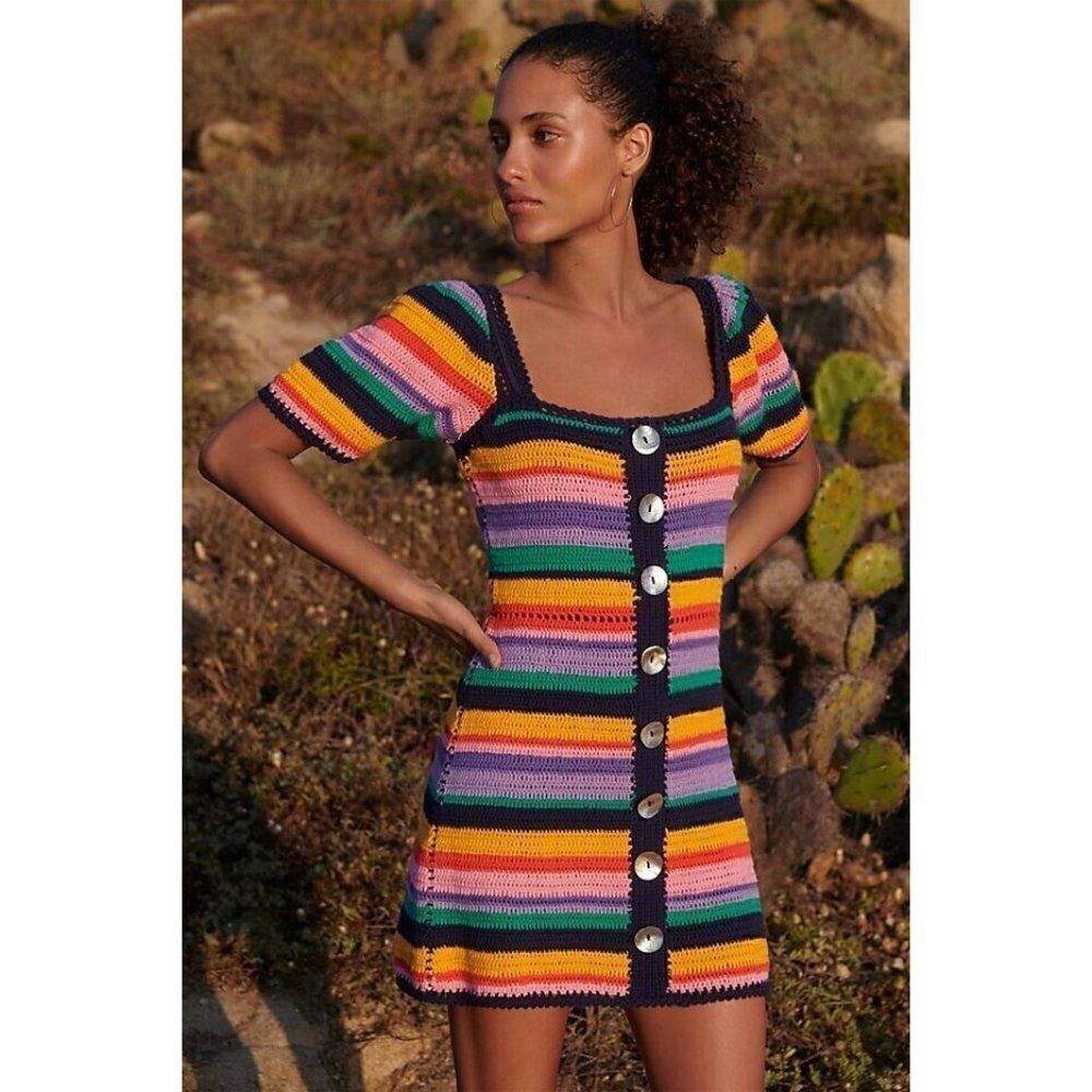 NWT FARM RIO  RENATA RAINBOW CROCHET MINI DRESS